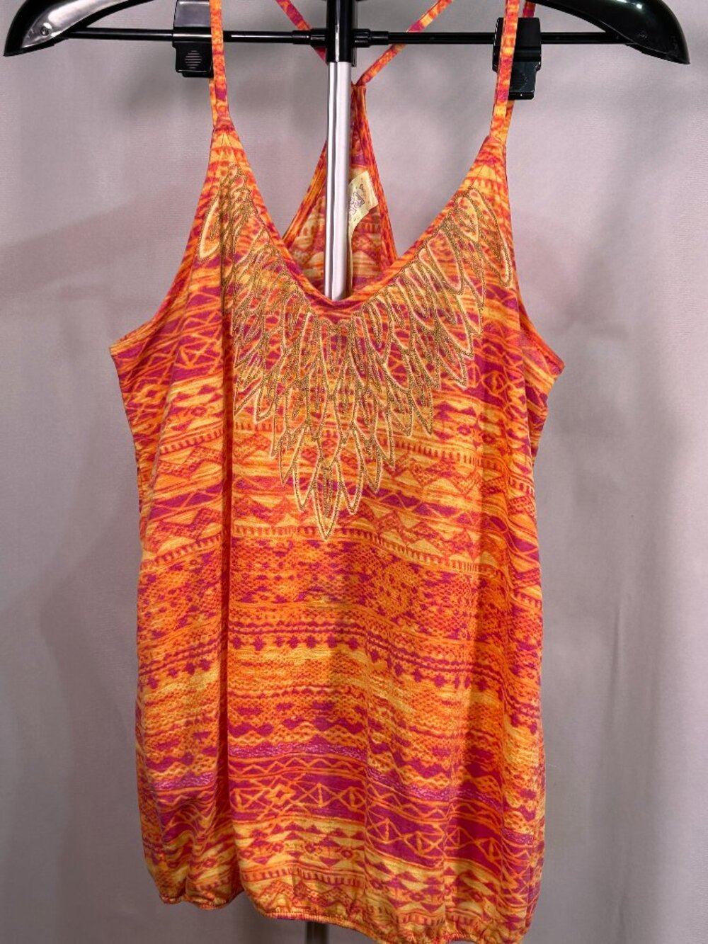 Vintage Retro Women’s 90s Girl FRENCH? Beaded Tribal Print Cami Tank Top Size L